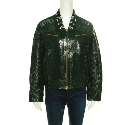 Pre-owned Marni Emerald Green Perforated Leather Floral Embellished Detail Bomber Jacket S