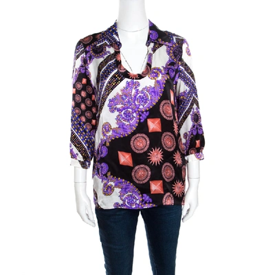 Pre-owned Versace Collection Multicolor Sun And Crystals Motif Printed Silk Blouse M