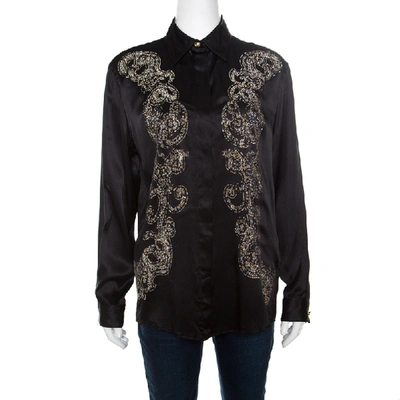 Pre-owned Versus Black Silk Satin Baroque Pattern Embellished Long Sleeve Shirt M