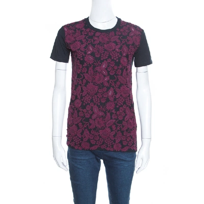 Pre-owned Prada Black And Wine Floral Lace Applique Detail Cotton Crew Neck T Shirt Xs