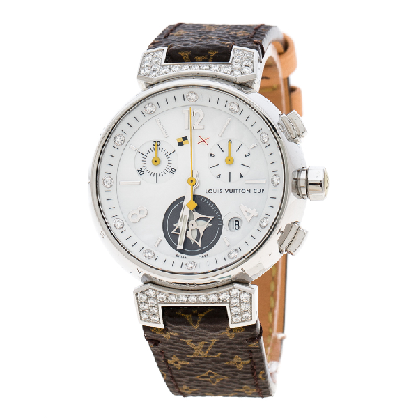Pre-Owned Louis Vuitton White Mother Of Pearl Stainless Steel Diamonds Tambour Q132h Women&#39;s ...