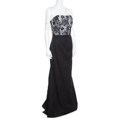 Pre-owned Monique Lhuillier ml By  Monochrome Floral Lace Bodice Detail Flared Strapless Gown M In Black