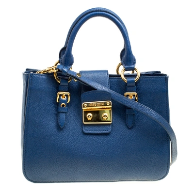 Pre-owned Miu Miu Blue Pebbled Leather Madras Top Handle Bag
