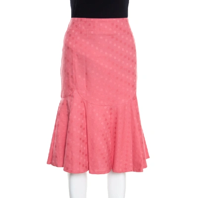 Pre-owned Emporio Armani Pink Geometric Pattern Cotton And Linen Pleated Hem Skirt L
