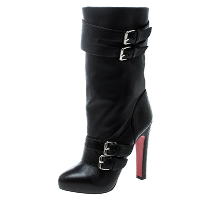 Pre-owned Christian Louboutin Black Python And Leather Loubi Bike Boots Size 37.5