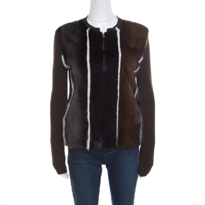 Pre-owned Fendi Brown Stretch Wool Mink Fur Paneled Zip Front Sweater S