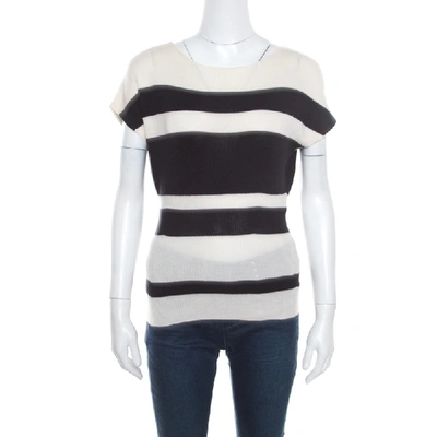 Pre-owned Dior Christian  Monochrome Striped Slit Back Detail Tapered Waist Jumper Top M In Cream