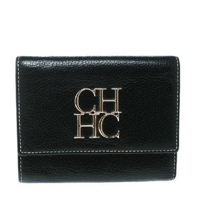 Pre-owned Carolina Herrera Black Leather Tri Fold Compact Wallet