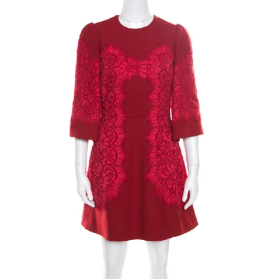 Pre-owned Dolce & Gabbana Red Floral Lace Applique Detail Fit And Flare Dress S
