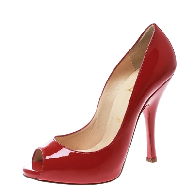Pre-owned Christian Louboutin Red Patent Leather Maryl Peep Toe Pumps Size 38