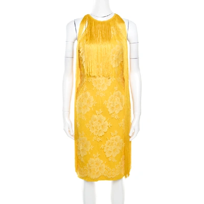 Pre-owned Stella Mccartney Canary Yellow Floral Lace Overlay Fringed Halter Dress S