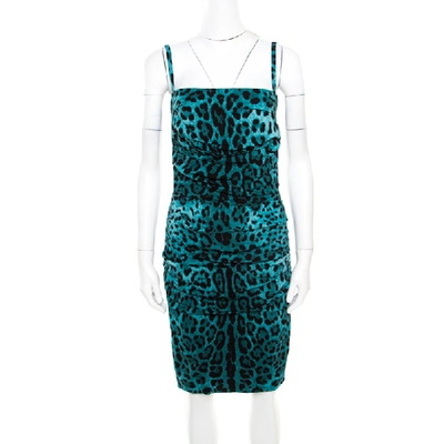 Pre-owned Dolce & Gabbana Green Leopard Printed Silk Sleeveless Ruched Cocktail Dress S