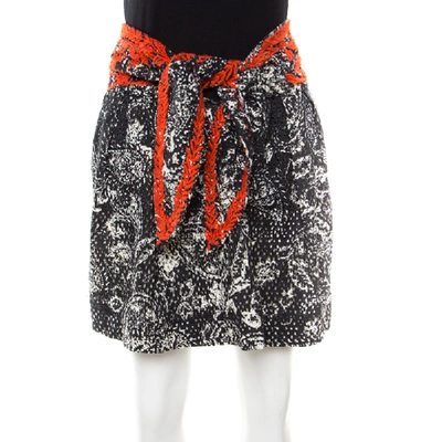 Pre-owned Isabel Marant Black And Red Eyelet Embroidered Cotton Tie Up Detail Pleated Skirt S