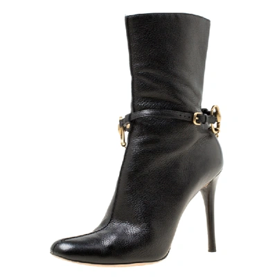 Pre-owned Gucci Black Leather Chain Link Ankle Booties Size 36