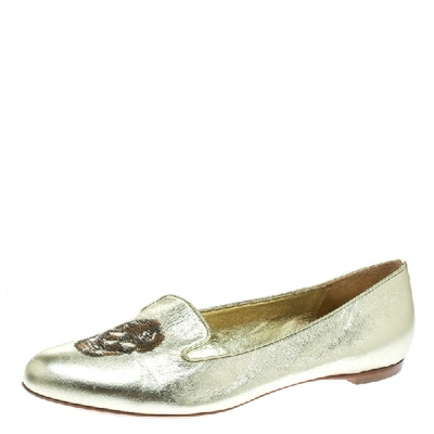 Pre-owned Alexander Mcqueen Gold Leather Sequin Skull Ballet Loafer Flats Size 39
