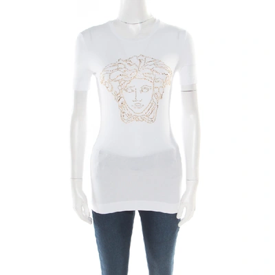 Pre-owned Versace White Crystal Embellished Medusa Icon Short Sleeve T-shirt S