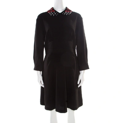Pre-owned Miu Miu Black Crepe Embellished Collar Detail Long Sleeve Dress S