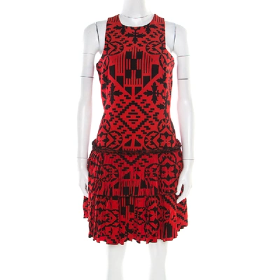 Pre-owned Alexander Mcqueen Red And Black Printed Tiered Sleeveless Dress S
