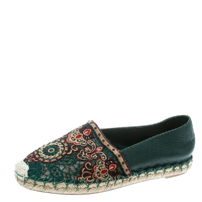 Pre-owned Valentino Garavani Green Embroidered Leather Espadrilles Size 35
