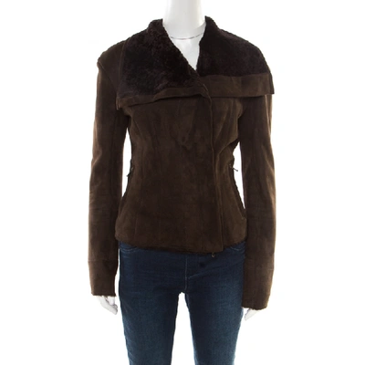 Pre-owned Lanvin Chocolate Brown Lambskin Leather Shearling Lined Biker Jacket M