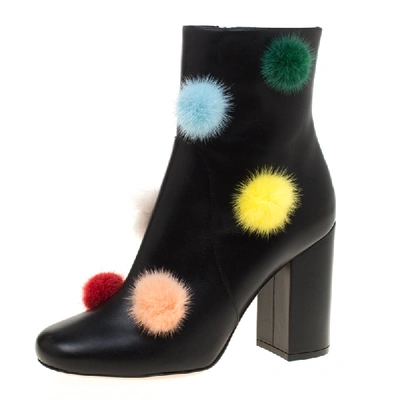 Pre-owned Fendi Black Leather With Multicolor Mink Fur Pompoms Block Heel Ankle Boots Size 38