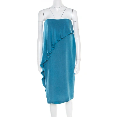 Pre-owned Bottega Veneta Teal Blue Silk Ruffled Strapless Bustier Dress M
