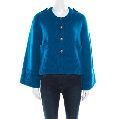 Pre-owned Burberry London Blue Cashmere Cropped Logo Button Cardigan S