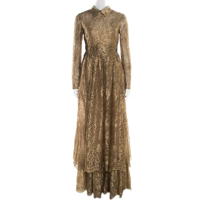Pre-owned Valentino Metallic Gold Floral Lace Studded Leather Collar Detail Gown M
