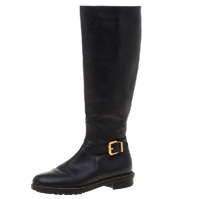 Pre-owned Fendi Black Leather Buckle Detail Knee Length Boots Size 37