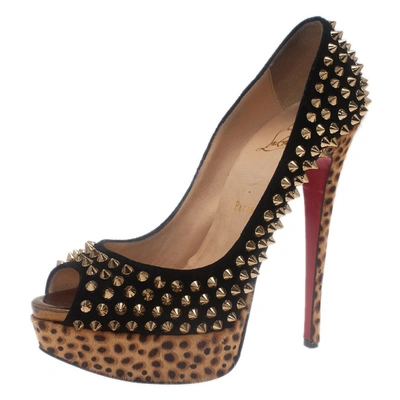 Pre-owned Christian Louboutin Black Suede Leopard Pony Hair Lady Peep Spikes Platform Pumps Size 39