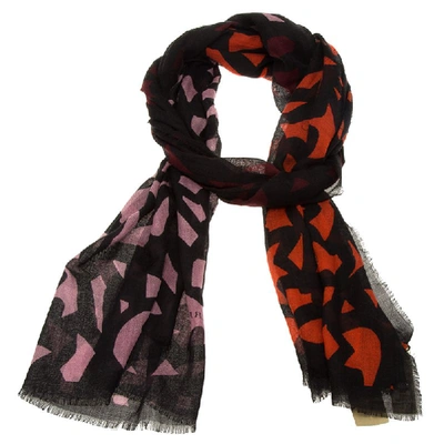 Pre-owned Burberry Maroon & Black Graphic Leaf Print Cashmere And Silk Scarf In Multicolor