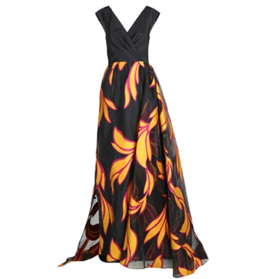 Pre-owned Christian Siriano Black And Yellow Silk Printed Gown S