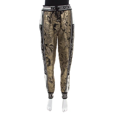 Pre-owned Dolce & Gabbana Gold Floral Brocade Knit Trim Jogger Pants S