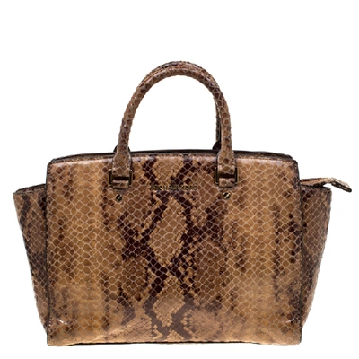 Pre-owned Michael Michael Kors Python Embossed Leather Selma Tote In Brown