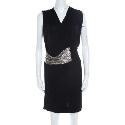 Pre-owned Balmain Black Knit Wool Chainmail Paneled Faux Wrap Mini Dress M