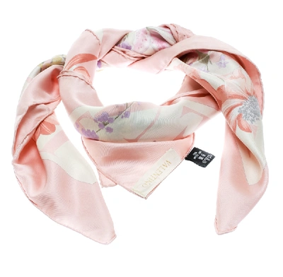 Pre-owned Valentino Off White And Pink Floral Printed Silk Square Scarf