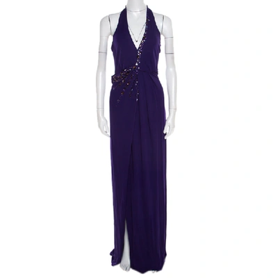 Pre-owned Blumarine Purple Embellished Draped Halter Gown S