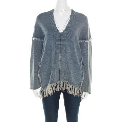 Pre-owned Chloé Indigo Washed Effect Knit Fringed Trim V-neck Top S In Blue