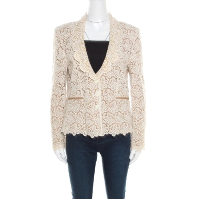 Pre-owned Red Valentino Beige And Cream Cutout Floral Embroidered Blazer L