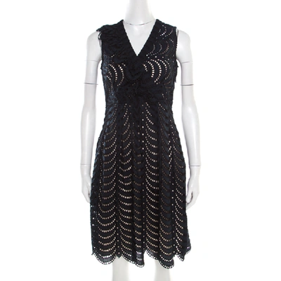 Pre-owned Marc By Marc Jacobs Navy Blue Eyelet Embroidered Ruffle Detail Edith Dress S