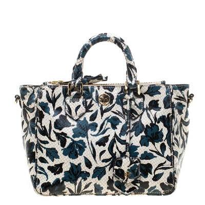 Pre-owned Tory Burch White/blue Floral Print Snake Embossed Leather Double Zip Top Handle Bag