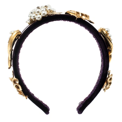 Pre-owned Dolce & Gabbana Purple Velvet Faux Pearl Embellished Gold Tone Headband