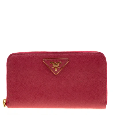 Pre-owned Prada Hot Pink Saffiano Leather Zip Around Wallet