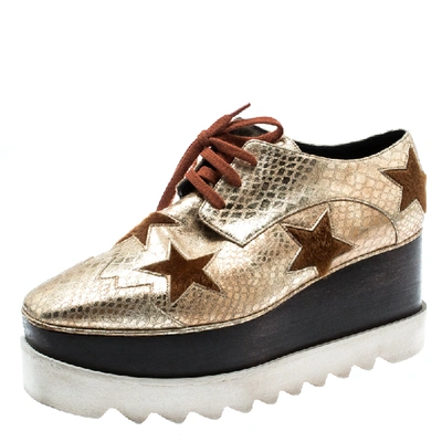 Pre-owned Stella Mccartney Metallic Gold Python Effect Faux Leather And Faux Fur Elyse Star Platform Derby Size 38