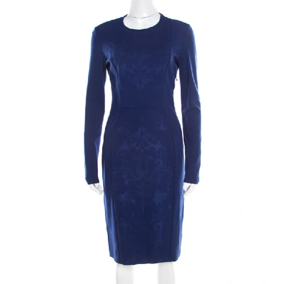 Pre-owned Stella Mccartney Cobalt Blue Embossed Jacquard Front Panel Detail Long Sleeve Dress M