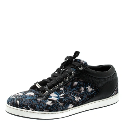 Pre-owned Jimmy Choo Floral Printed Satin And Leather Miami Low Top Sneakers Size 39 In Black