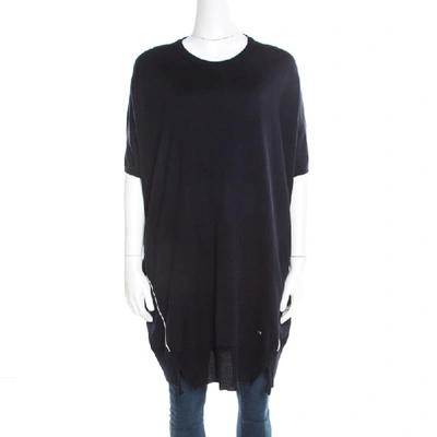 Pre-owned Dior Navy Blue Wool And Silk Knit Contrast Piping Detail Oversized Tunic M