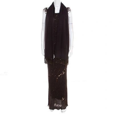 Pre-owned Jenny Packham Brown Beaded Tassel Detail Sleeveless Gown And Scarf Set M