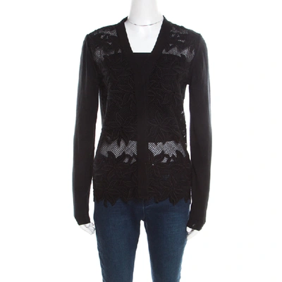 Pre-owned Chloé Black Knit Floral Lace Panel Long Sleeve Button Front Cardigan S