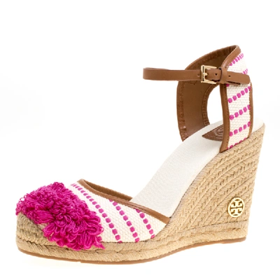 Pre-owned Tory Burch Beige/pink Striped Canvas Shaw Espadrille Wedge Sandals Size 41